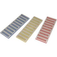Three rectangular diamond whetstones in blue, yellow, and red with perforated surfaces.