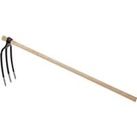 Draper 3 Prong Hoe Fork with wooden handle and black metal prongs.