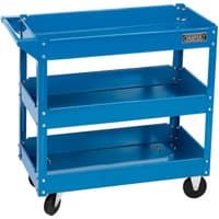 Blue Draper 3 Tier Tool Trolley with three shelves, handle, and four black caster wheels.