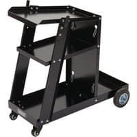 Black Draper 3-tier welding trolley with wheels, angled shelves, and 50kg capacity.
