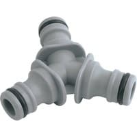 Gray Draper 3-Way Hose Connector with three ribbed outlets and black O-rings.