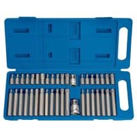 Blue plastic case with 40 silver Tx-Star, hexagon, and Xzn mechanic's bits neatly arranged in slots.