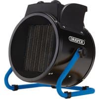 Black Draper 400V PTC electric space heater, 5kW, with cylindrical body, blue stand, and front mesh grille.