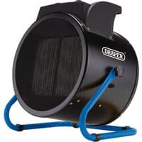 Black Draper 400V PTC electric space heater, 9kW, with cylindrical design, blue stand, and front grill.