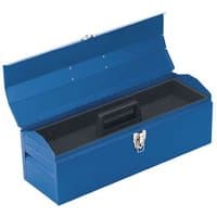 Blue Draper barn-type toolbox with metal latch, open lid, and black tote tray inside.