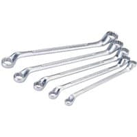 Draper 5 Piece Cranked Metric Ring Spanner Set, silver, varying sizes, angled ends, polished finish.