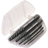 Draper 5 Piece Screw Extractor Set in a clear plastic case, featuring spiral fluted metal extractors of varying sizes.