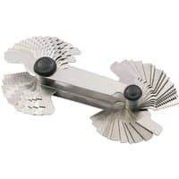Draper 52 Blade Screwpitch Gauge Set with dual pivot design, silver metal blades fanned out, measuring 0.25-6mm.