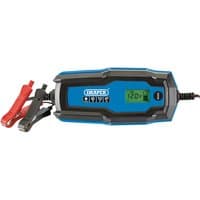 Draper 6/12V Smart Charger, blue and black with LCD display, red and black clamps, 6A capacity.