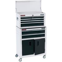 White Draper 6 drawer roller cabinet and tool chest with black drawer fronts and wheels.