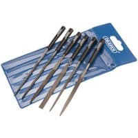 Draper 6 Piece 140MM Needle File Set with black handles in a blue plastic pouch.