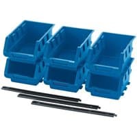 Blue Draper 6 Piece Medium Storage Unit Set with stackable bins and two black rails for organizing tools or parts.