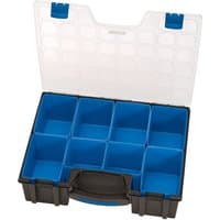 Black and blue Draper 8 Compartment Organiser with clear lid and latch closure.