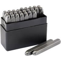 "Draper A-Z letter stamp set, 1/8 inch, includes metal stamps in a black plastic case with two stamps displayed outside"