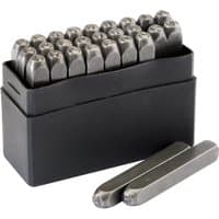 Draper A-Z Letter Stamp Set, 3/16", steel stamps in black plastic case, includes two loose stamps in front.