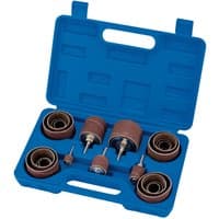 Blue case with Draper Abrasive Drum Set, 25 pieces, brown sanding drums and silver metal shanks.