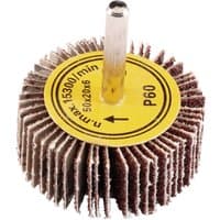 Draper abrasive flap wheel, 50 x 20mm, 60 grit, with brown sandpaper flaps and a yellow center label on a metal shaft.