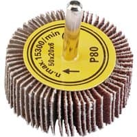 Draper abrasive flap wheel, 50x20mm, 80 grit, with brown flaps and yellow center disc showing specifications.