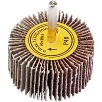 Draper abrasive flap wheel, 60mm x 30mm, 40 grit, with brown flaps and yellow center label, attached to a metal spindle.