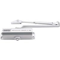 Silver Draper adjustable automatic door closer with arm, suitable for doors 15kg to 30kg, featuring mounting brackets.