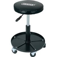 Black Draper adjustable work seat with cushioned round seat, hydraulic lever, and five caster wheels on a circular base.