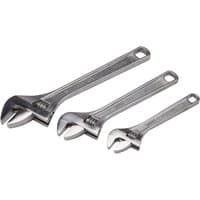 "Draper adjustable wrench set, three silver wrenches with open jaws and measurement markings on handles"
