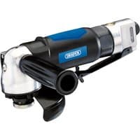 Black and silver Draper air angle grinder, 100mm, with blue accents and side handle.