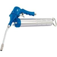 Blue and silver Draper air grease gun, 400cc capacity, with a curved nozzle and ergonomic grip handle.