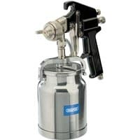 Draper air spray gun with 1L silver metal canister and black handle, featuring a nozzle and trigger mechanism.