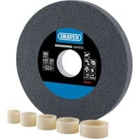 Draper grey aluminium oxide bench grinding wheel, 150 x 20mm, 60 grit, with blue label and five beige bushings.