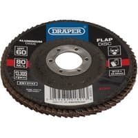 Draper Aluminium Oxide Flap Disc, 115 x 22.23mm, 60 Grit, black center with brown abrasive flaps and blue logo.