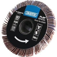 Draper aluminium oxide flap wheel, 5 x 60mm, 80 grit, with brown abrasive flaps and black center label.