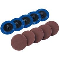 Draper 50mm sanding discs, 180 grit, pack of 10; blue backing with brown abrasive surface.
