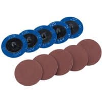 Blue and brown Draper 50mm sanding discs, 320 grit, pack of 10, with visible grit number on blue discs.