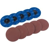 Blue and brown 75mm Draper sanding discs, 320 grit, pack of 10, with visible grit number on blue discs.