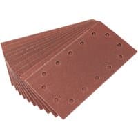 Brown Draper sanding sheets, 115 x 227mm, 80 grit, with pre-punched holes, stacked in a fan arrangement.