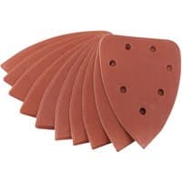 Red Draper sanding sheets, teardrop shape, 240 grit, with multiple holes, stacked in a fanned arrangement.
