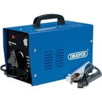 Blue Draper ARC Welder, 180A, with black handle, control knobs, and attached welding cables.