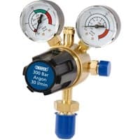 Draper Argon Regulator, 300 Bar, brass body with two pressure gauges and blue adjustment knob.