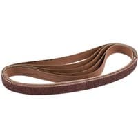 Draper assorted brown aluminium oxide abrasive belts, 13 x 457mm, looped and stacked.