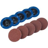 Blue and brown Draper 50mm aluminium oxide sanding discs, pack of 10, with grit numbers visible on blue discs.