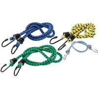 Assorted Draper bungee cords, pack of 10, in blue, green, yellow with black hooks and elastic straps.