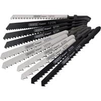 Draper 10-piece HCS jigsaw blade set, black and silver blades with varying teeth per inch, stacked in a fan shape.