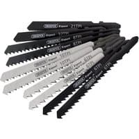 Draper 10-piece jigsaw blade set with black and silver blades, various teeth per inch, labeled for wood and metal cutting.