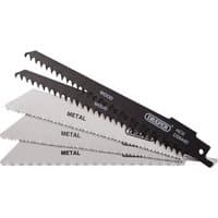 Draper assorted reciprocating saw blades, 150mm, pack of 5, black and silver, labeled for wood and metal cutting.