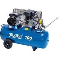 Blue Draper belt-driven air compressor, 100L tank, 2.2kW motor, with wheels and handle for mobility.