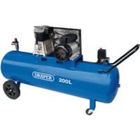 Blue Draper belt-driven air compressor, 200L tank, 2.2kW motor, black wheels, and handle for mobility.