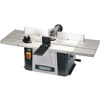 "Draper bench mounted spindle moulder, 1500W, with green and silver body, adjustable fence, and red power switch"