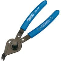 Bent nose reversible circlip pliers with blue handles and black metal head, featuring Draper branding.