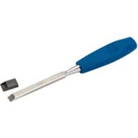 Draper bevel edge wood chisel, 12 x 120mm, with a blue handle and protective cap on the blade.